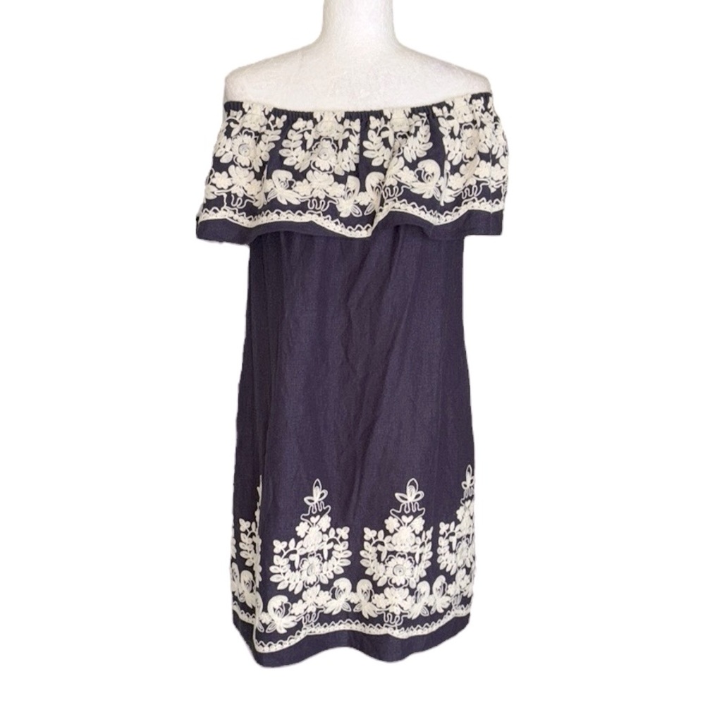Label by Five Twelve Navy Blue Embroidered Linen Off Shouder Mini Dress - S